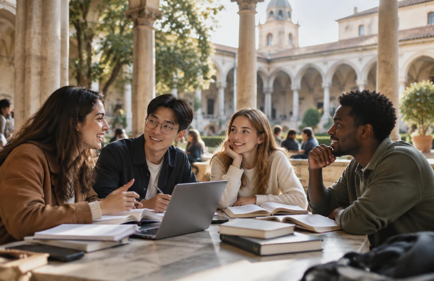 International students studying together in an Italian university cloister